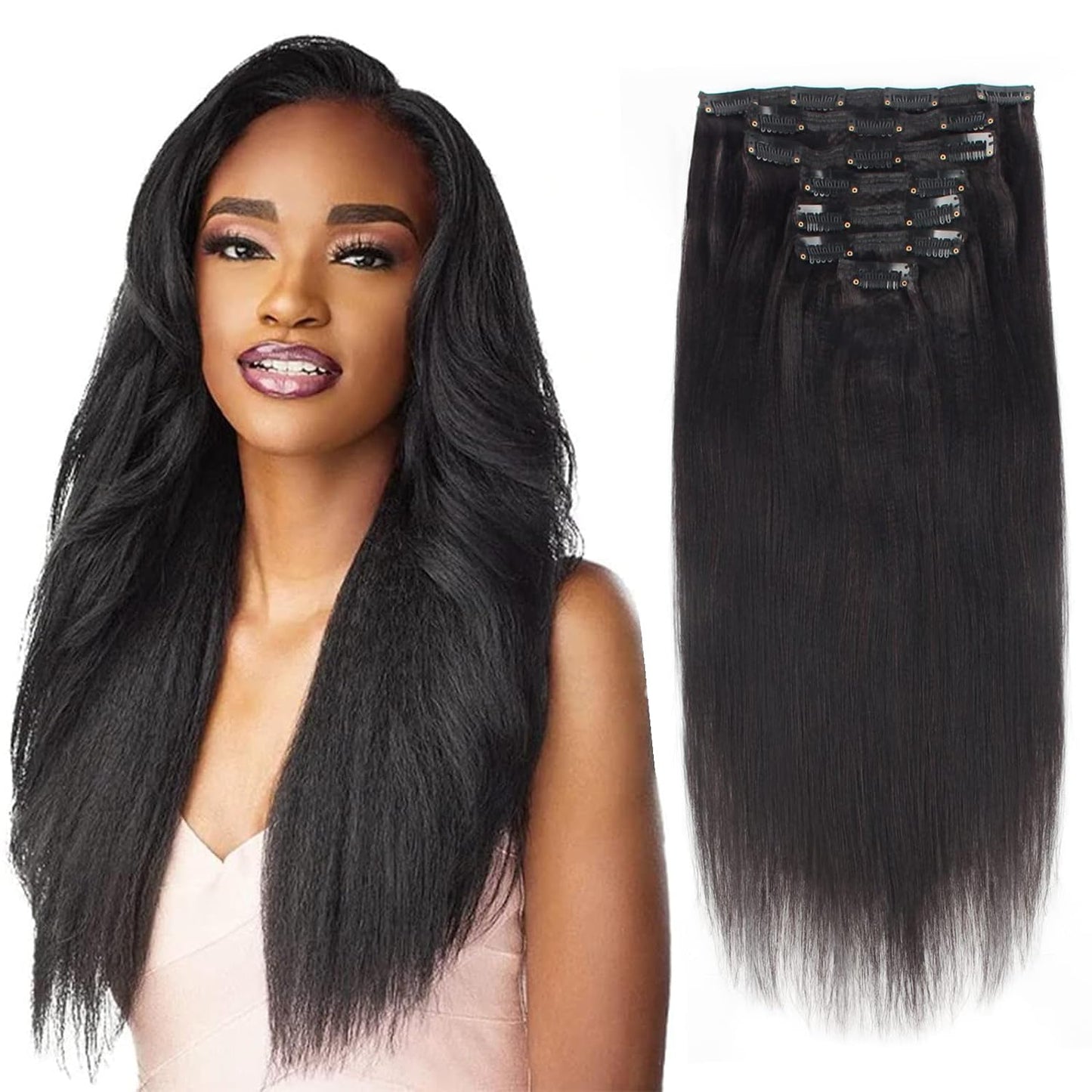 Lovrio Brazilian Virgin Yaki Straight Clip In Human Hair Extension Double Weft Straight Clip In Hair Extensions Human Hair For W
