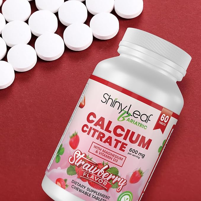 Shiny Leaf Bariatric Calcium Citrate 600mg - Supplement for Bariatric Surgery Patients, 60 Ct Chewable Tablets with Magnesium, Vitamin D3, Natural Strawberry Flavor, Vegetarian (4 Months)