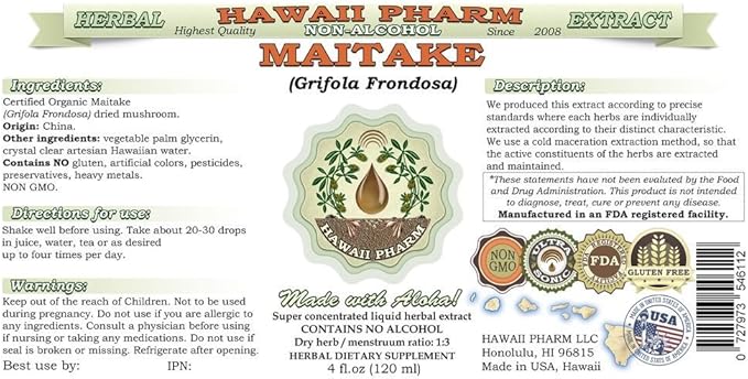 Maitake Alcohol-Free Liquid Extract, Organic Maitake (Grifola Frondosa) Dried Mushroom Glycerite Natural Herbal Supplement, Hawaii Pharm, USA 2x32 oz Unfiltered