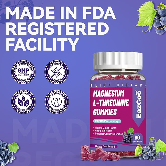 Magnesium Threonine Gummies 1000mg, L-Threonine Gummies for Adults, Best Magnesium Supplements for Brain, Non-GMO, Gluten Free, Vegan, 60 Grape Magnesium Gummies, 30 Day Supply