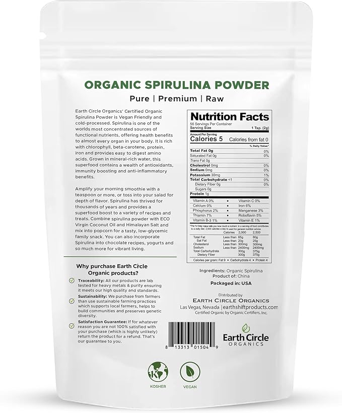 Earth Circle Organics Chlorella 400 Tablets (Pack of 2) and Spirulina Powder 4oz Bundle High Potency Vegan Superfood Supplement Packed with Protein Vitamins & Minerals for Daily Energy and Health