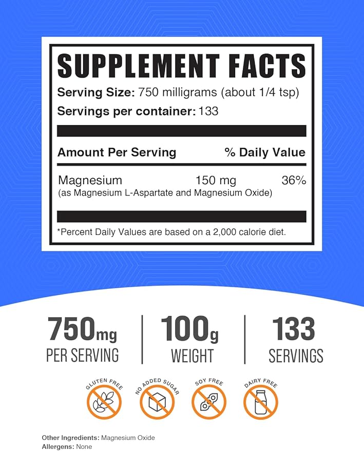 BulkSupplements.com Magnesium L-Aspartate Powder - High Absorption Magnesium, Magnesium Aspartate Powder - Gluten Free, 750mg (150mg of Magnesium) per Serving, 100g (3.5 oz) (Pack of 1)