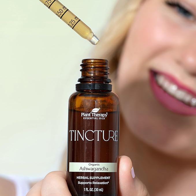 Plant Therapy Total Tincture Package Includes 30 mL Each of Organic Ashwagandha, Asian Ginseng, Echinacea Blend, Elderberry, Lemon Balm, Turmeric & Travel Mug
