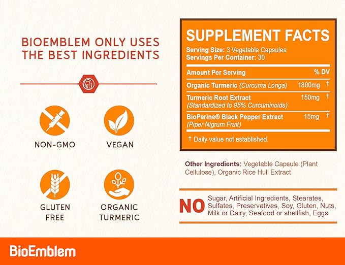BioEmblem Turmeric Curcumin Supplement with BioPerine and Joint Support