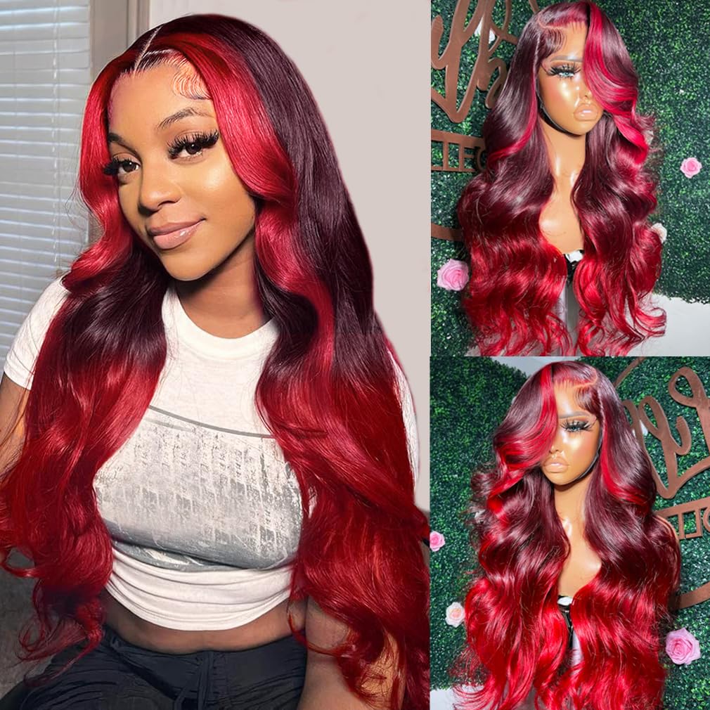 Yms Ombre Red Human Hair Wigs For Black Women Hd Hot Red 13X4 Lace Front Wigs Human Hair 180% Density Glueless Wigs Human Hair P