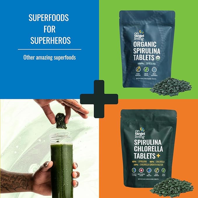 On Target Living Organic Spirulina Chlorella | USDA Organic | 1000 Tablets- 250 G (8.8 oz) | Vegan | Immune System Boosting | Alkalyzing | Nutrient Dense | Detoxifying | Protein Dense