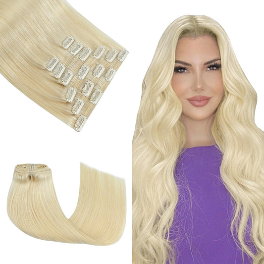 Honsoo Clip In Hair Extensions Real Human Hair Platinum Blonde 14Inch 120G 7Pcs Hair Extensions Clip In Real Human Hair Extensio