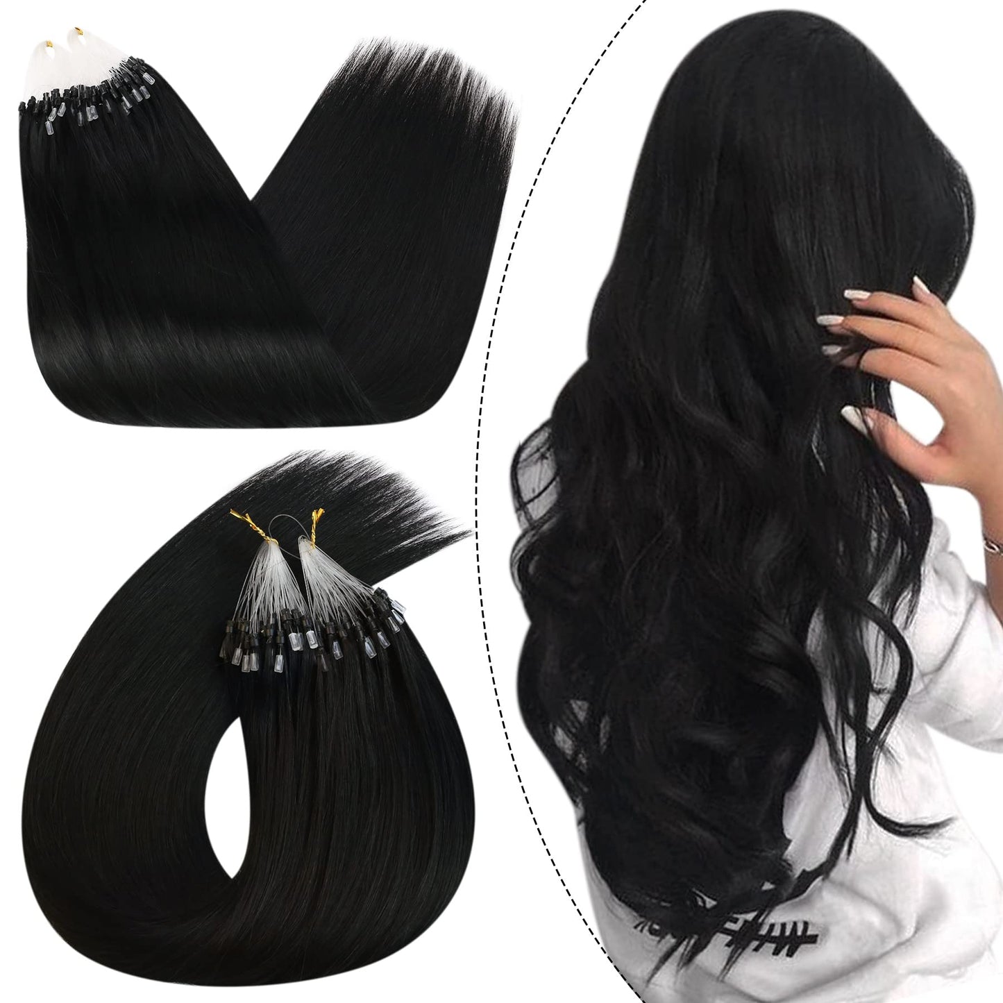 Ugeat Microlink Hair Extensions Human Hair 22 Inch Real Human Hair Extensions Black Micro Ring Hair Extensions Straight Micro Lo