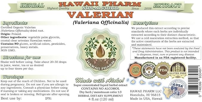Valerian Alcohol-Free Liquid Extract, Organic Valerian (Valeriana Officinalis) Dried Root Glycerite Natural Herbal Supplement, Hawaii Pharm, USA 15x4 fl.oz