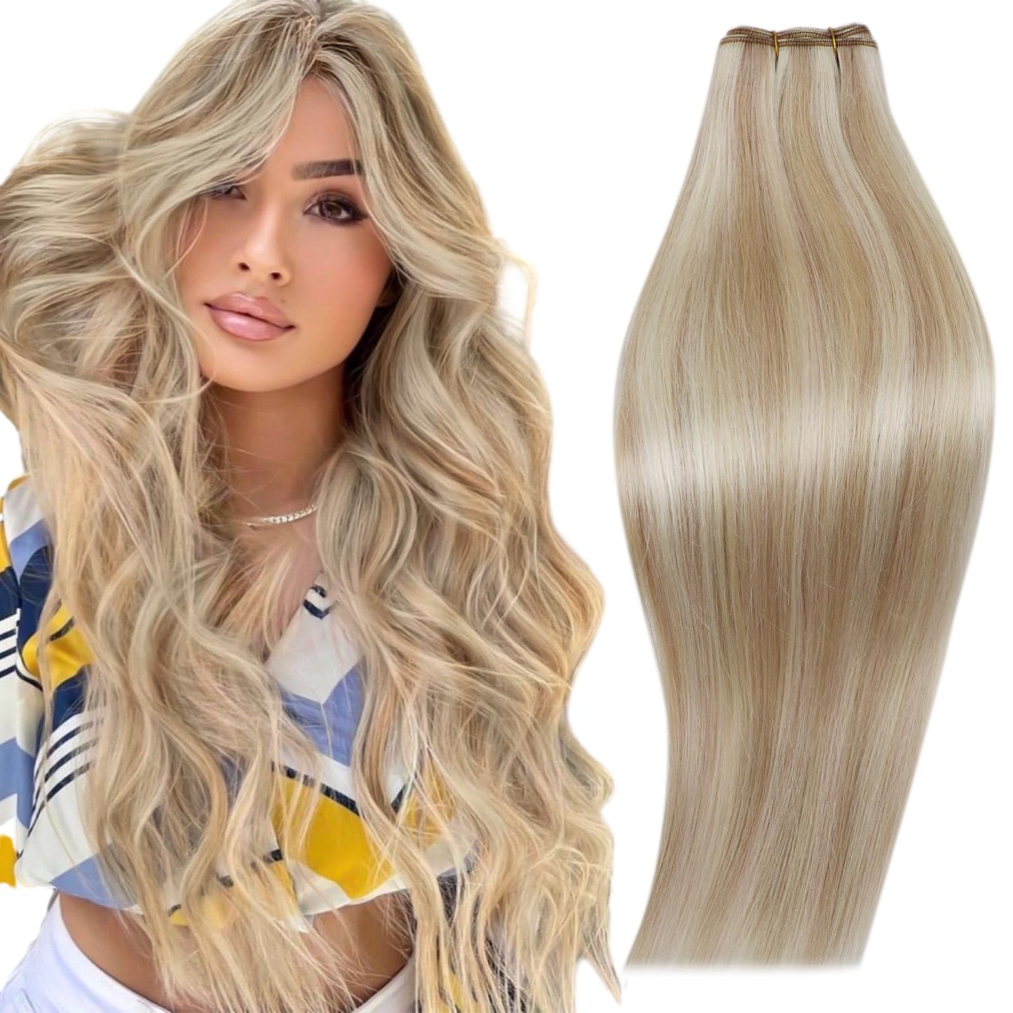 Runature Blonde Human Hair Weft Extensions 20 Inch 100G Long Hand Tie Weft Human Hair Extensions Ash Blonde With Platinum Blonde