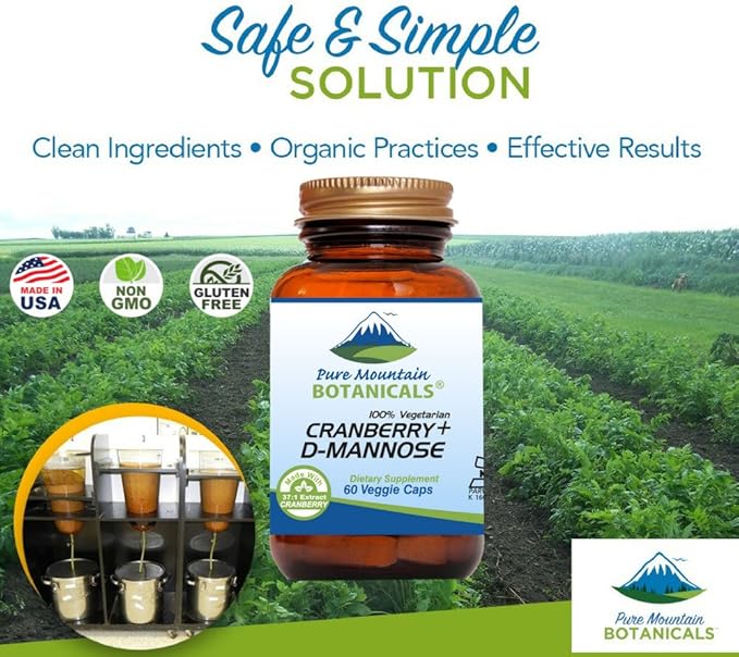 Pure Mountain Botanicals Cranberry D Mannose Capsules - 60 Kosher Vegan Caps - 1000mg D Mannose with Cranberry Concentrate Plus Vitamin C