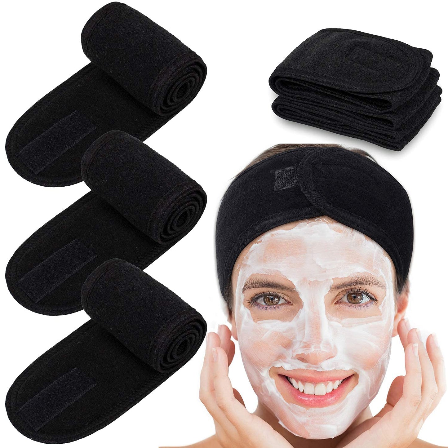 4 Counts Spa Facial Headband Whaline Head Wrap Terry Cloth Headband Stretch Towel With Magic Tape For Bath, Makeup And Sport, 3.