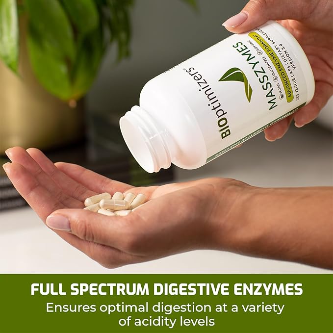 BIOptimizers MassZymes Digestive Enzymes Supplement – Max Nutrient Absorption, Boost Energy, Reduce Bloating – Health Vegan Dairy-Free – Muscle Recovery, Gut Health & Clarity - 100,000 Units 30 Caps