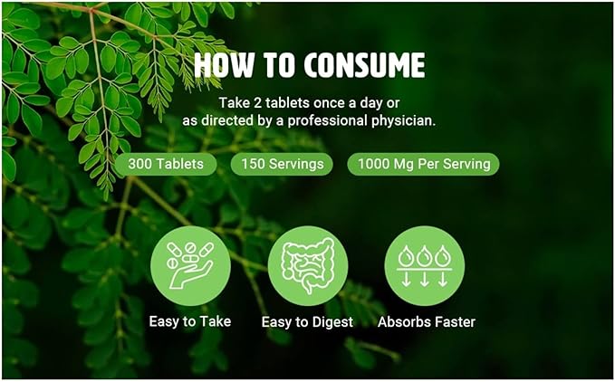 Moringa Tablets with Turmeric and Ginger, 300 Pills, 5 Month Supply, 150 Serving, 1000 Mg per Serving. One Capsule with Multiple Benefits - Supports Digestive Health(Pack of 1)