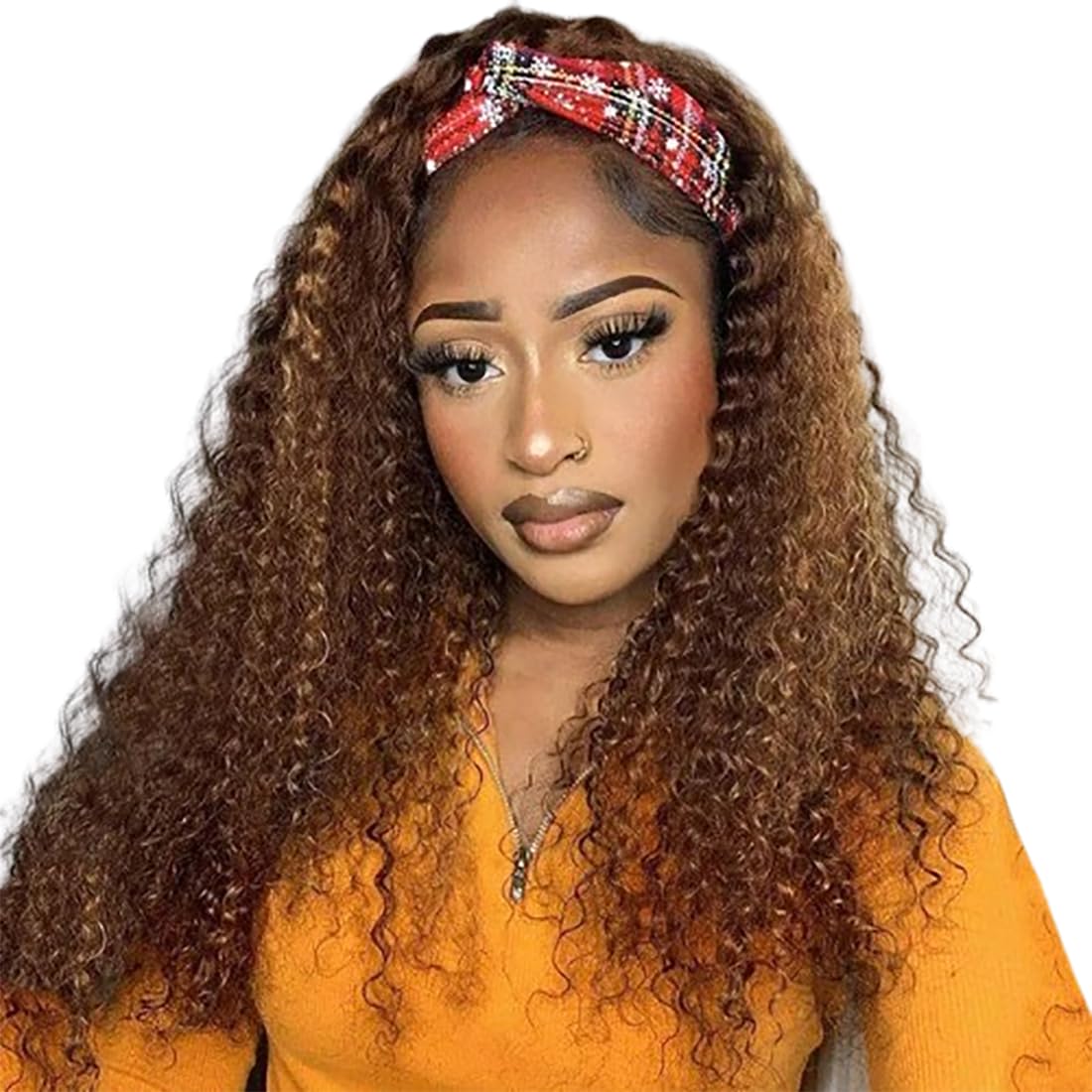 Xsy Highlight Ombre Headband Wig Deep Wave Human Hair Wigs For Black Women None Lace Front Curly Human Hair Half Wigs 150% Densi