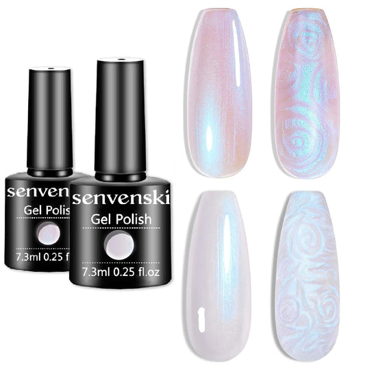 Senvenski Pearl Gel Nail Polish, White Pink Opal Mermaid Gel Polish Aurora Shell Shiny Glitter Shimmer Holographic Soak Off Gift