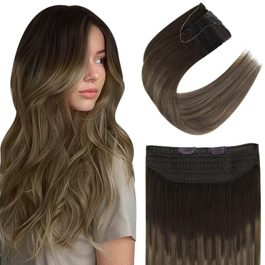 Easyouth Long Wire Human Hair Extensions 20 Inch Straight Hair 100G Dark Brown Balayage Chestnut Brown Mix Ash Blonde