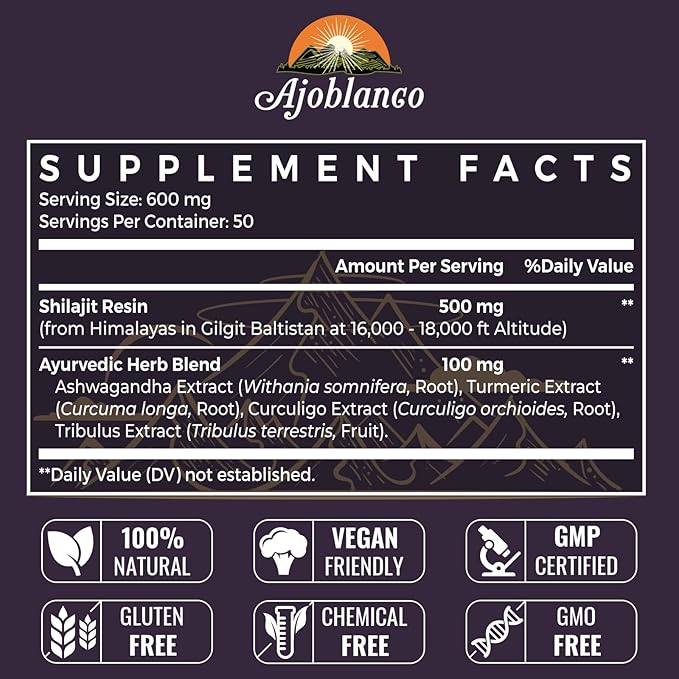Ajoblanco 600mg Shilajit Pure Himalayan Organic Shilajit Resin - Himalayan Shilajit Resin with Organic Ayurvedic Blend in High Potency for Energy, Strength & Immunity, Pack of 3