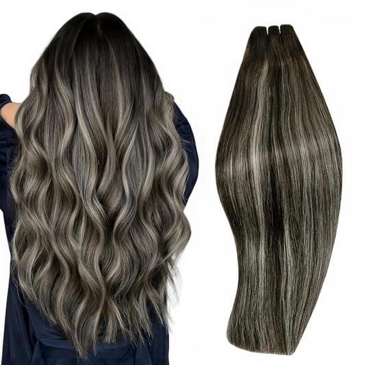 Runature Sew In Human Hair Extensions 22 Inch Weft Hair Extensions Human Hair Blend Of Black And Silver With Black Roots Black D