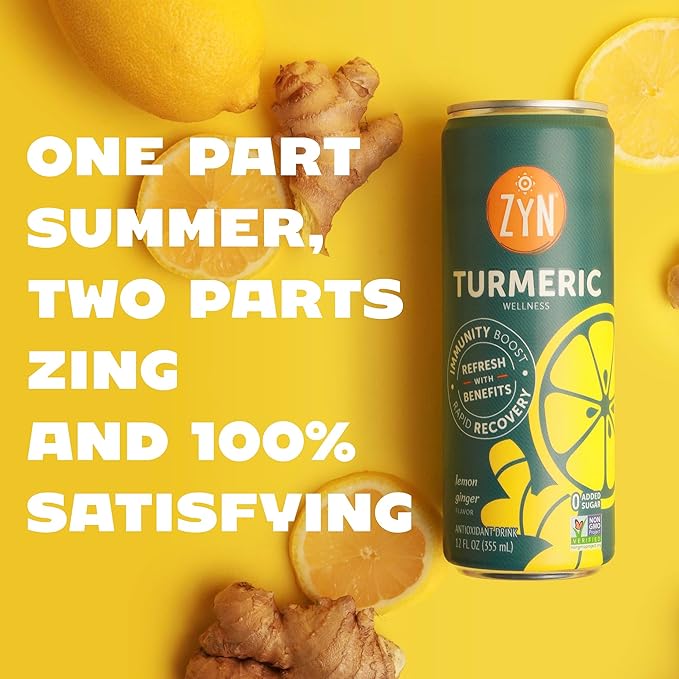 ZYN Turmeric Wellness Drink (24 Pack), Lemon Ginger Flavored Turmeric Curcumin Drink with Black Pepper, No Added Sugar, Low Carb & Low Calorie Drink, Clean Alternative