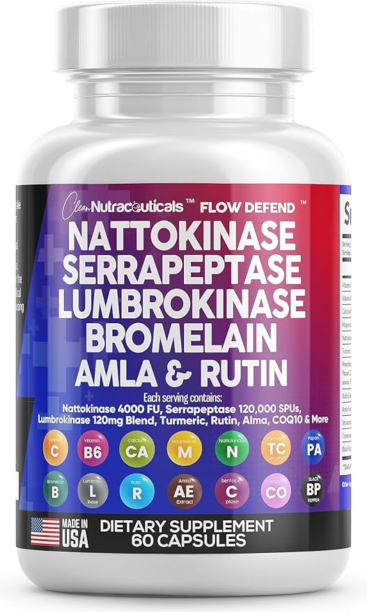 Clean Nutraceuticals Nattokinase 4000 FU Serrapeptase 120000 SPU Lumbrokinase Enzyme Supplement with Bromelain Papain Papaya Enzymes Rutin Extract Amla Magnesium Vitamin B6 & VIT C Capsules - 5Pack