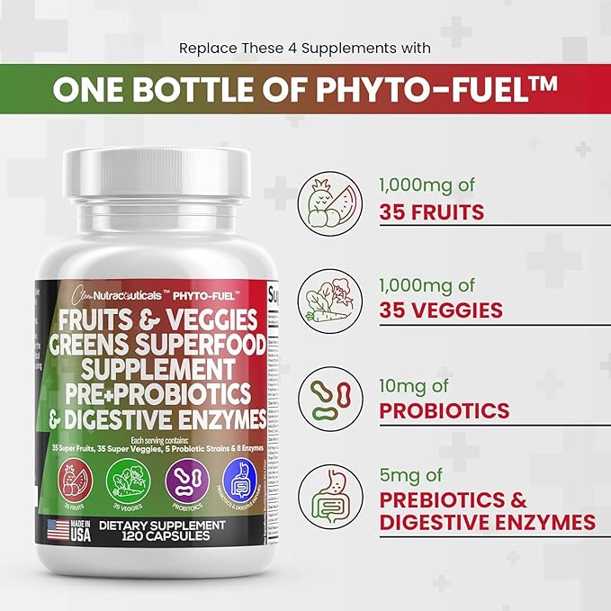 Clean Nutraceuticals Fruits and Veggies Supplement Reds & Green Superfood - Balance of Over 70 Fruit & Vegetable Supplements Capsules with Probiotics Prebiotics Digestive Enzymes - 2Pack