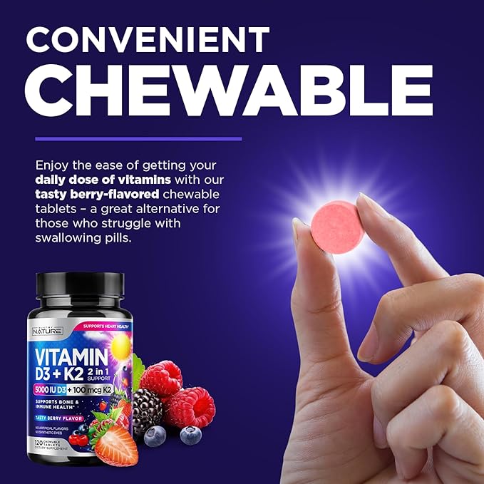 Vitamin D3 K2 – Chewable Vitamin D 5000 IU & K2 MK-7 100 mcg – 2 in 1 Vitamin D K2 Supplement Chews - Immune, Heart, & Bone Support – Non GMO - Tasty Berry Flavor - 120 Chewable Tablets