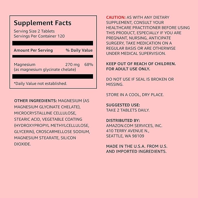 Amazon Elements - Chelated Magnesium, 240 tablets, 270 mg per Serving, as Magnesium Glycinate Chelate, Vegan
