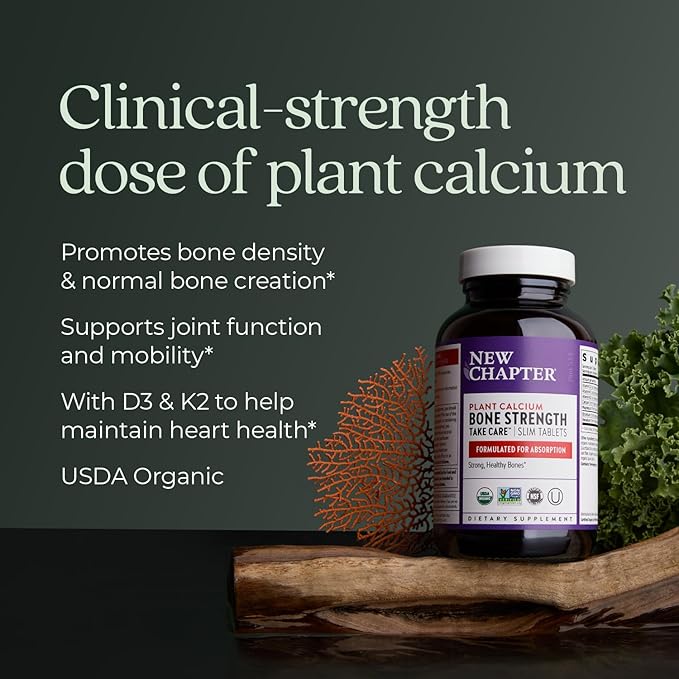 New Chapter Calcium Supplement - Bone Strength Organic Calcium with Magnesium, Vitamin D3+K2, 70+ Trace Minerals for Bone Health, Gluten Free, Easy to Swallow Slim Tablets - 180 Count
