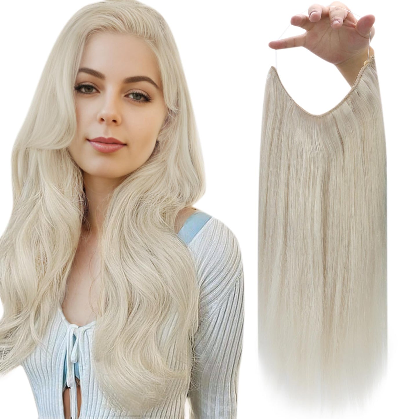 Fshine Transpanrent Wire Hair Extensions White Blonde Human Hair Extensions 16 Inch Fish Line Wire Extensions Real Human Hair He