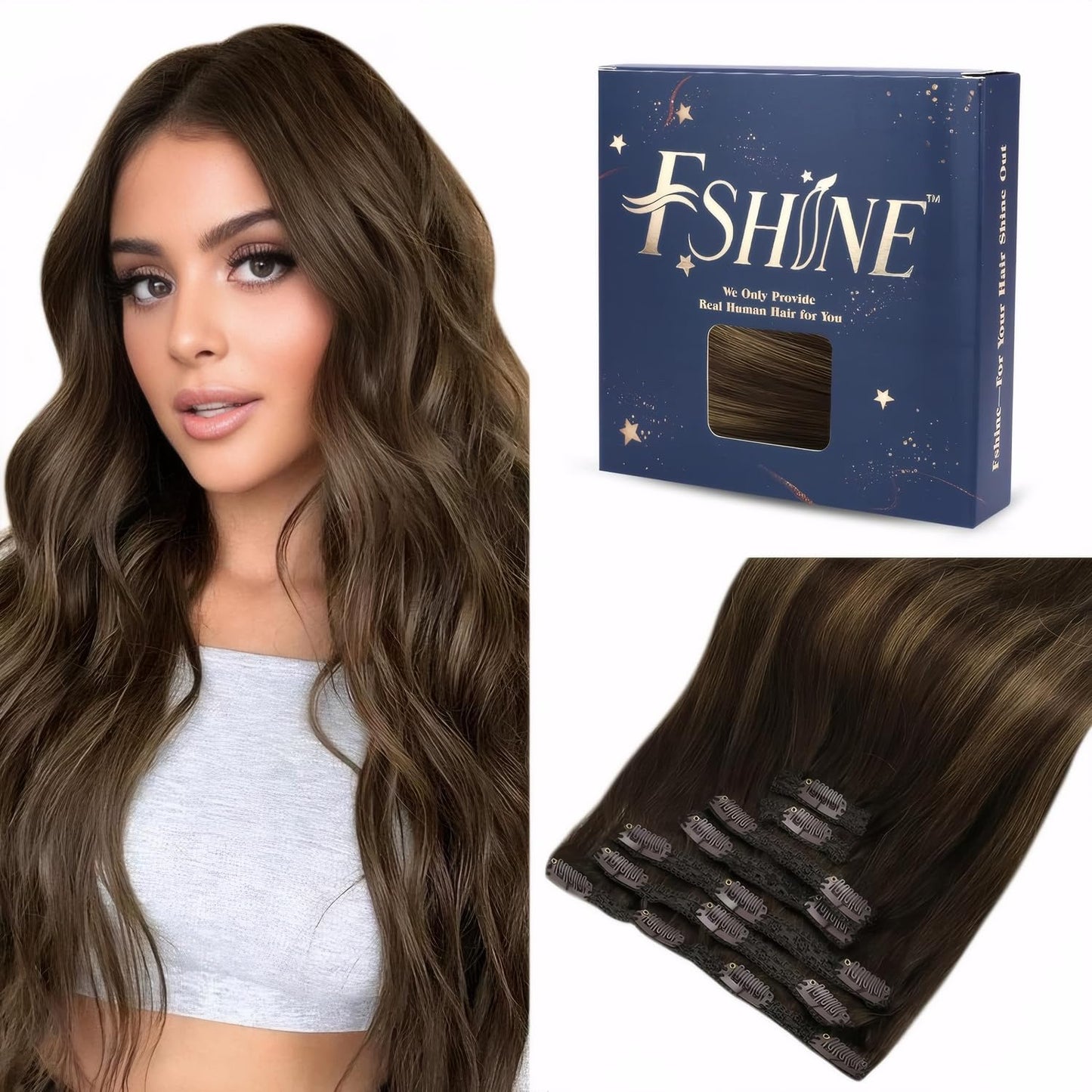 Fshine Clip In Hair Extensions Real Human Hair, Balayage Darkest Brown To Chestnut Brown Clip In Human Hair Extensions 24 Inch T