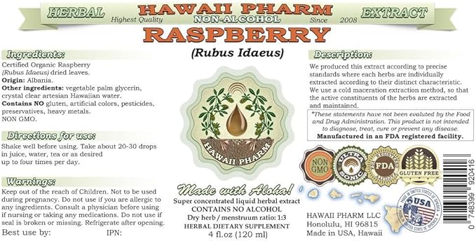 Raspberry Alcohol-Free Liquid Extract, Organic Raspberry (Rubus idaeus) Dried Leaf Glycerite Natural Herbal Supplement, Hawaii Pharm, USA 2 fl.oz