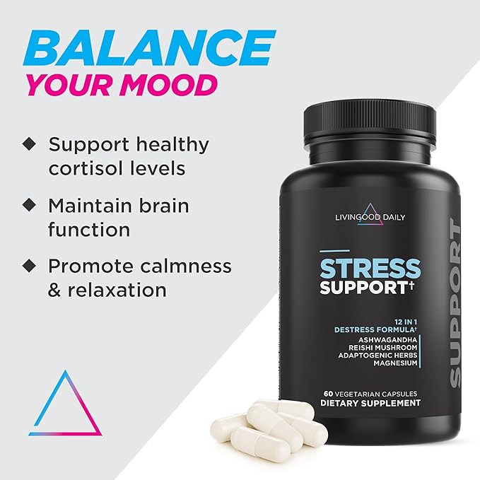 Livingood Daily De-Stress Relief Supplement, 60 Vegetarian Capsules - Reishi Mushroom & Ashwagandha Supplements Support Mood & Brain Function - Non-GMO, Gluten-Free, Allergen-Free, & Vegan