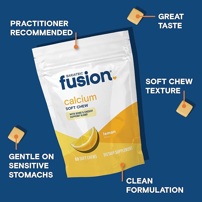 Bariatric Fusion Bariatric Calcium Chews | Calcium Citrate with Vitamin D3 Calcium Supplement Bariatric Vitamin | Sugar Free Calcium Citrate Chewable | Calcium Citrate 500mg | Lemon | 60 Count