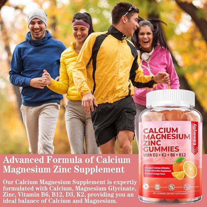 Sugar Free Calcium Magnesium Zinc Supplement Gummies with Vitamin D3 & B12 for Women and Men High Absorption Calcium Magnesium Supplement for Immune Support (120 Counts)