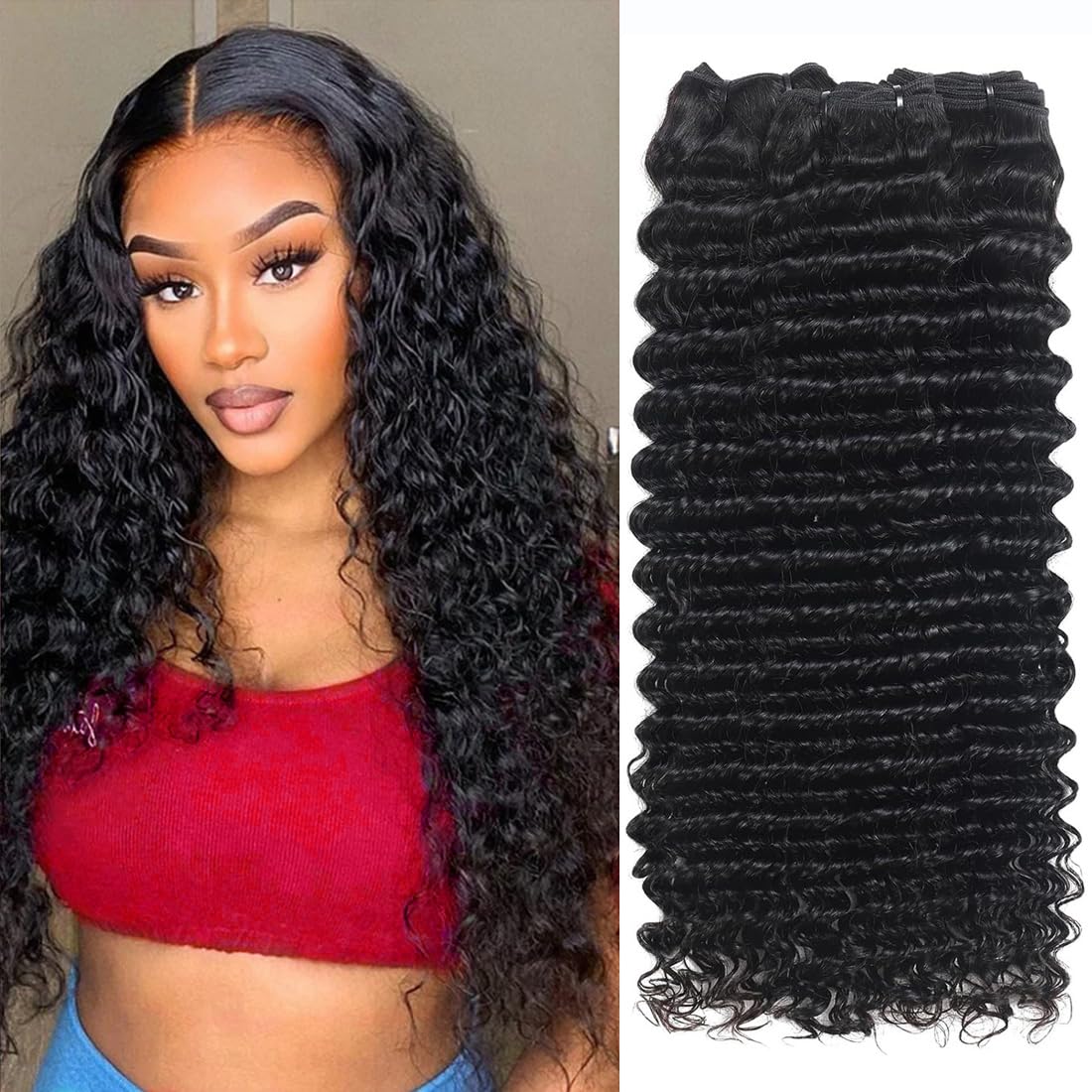 Deep Wave Bundles Human Hair Bundles 16 18 20 Inch Deep Curly Bundles Human Hair 12A Unprocessed Brazilian Virgin Weave 3 Bundle