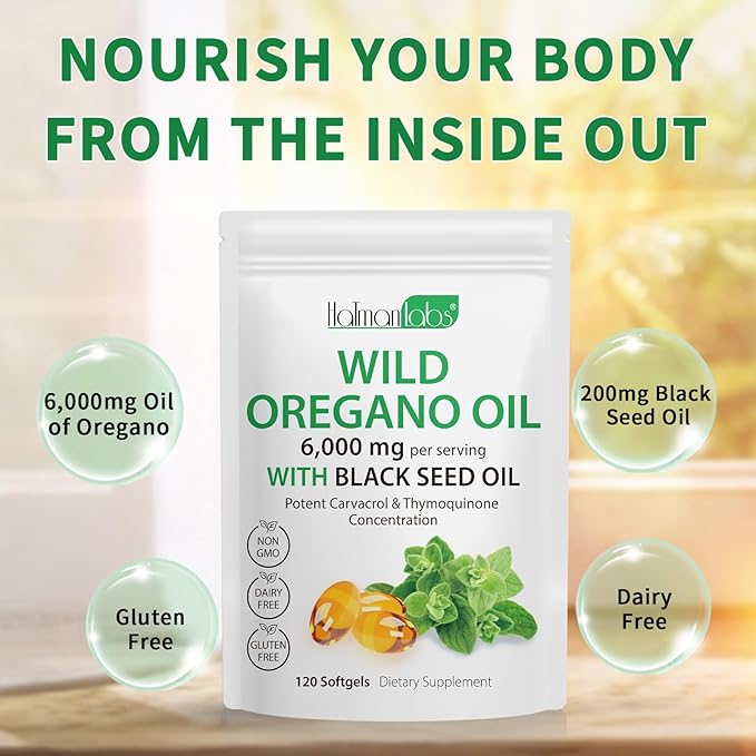 Oil of Oregano Softgels, 120 Count Oregano Oil Capsules, 165mg Carvacrol, 2 in 1 6000mg Oil of Oregano with Black Seed Oil 200mg, Oregano Oil Supplement Capsules