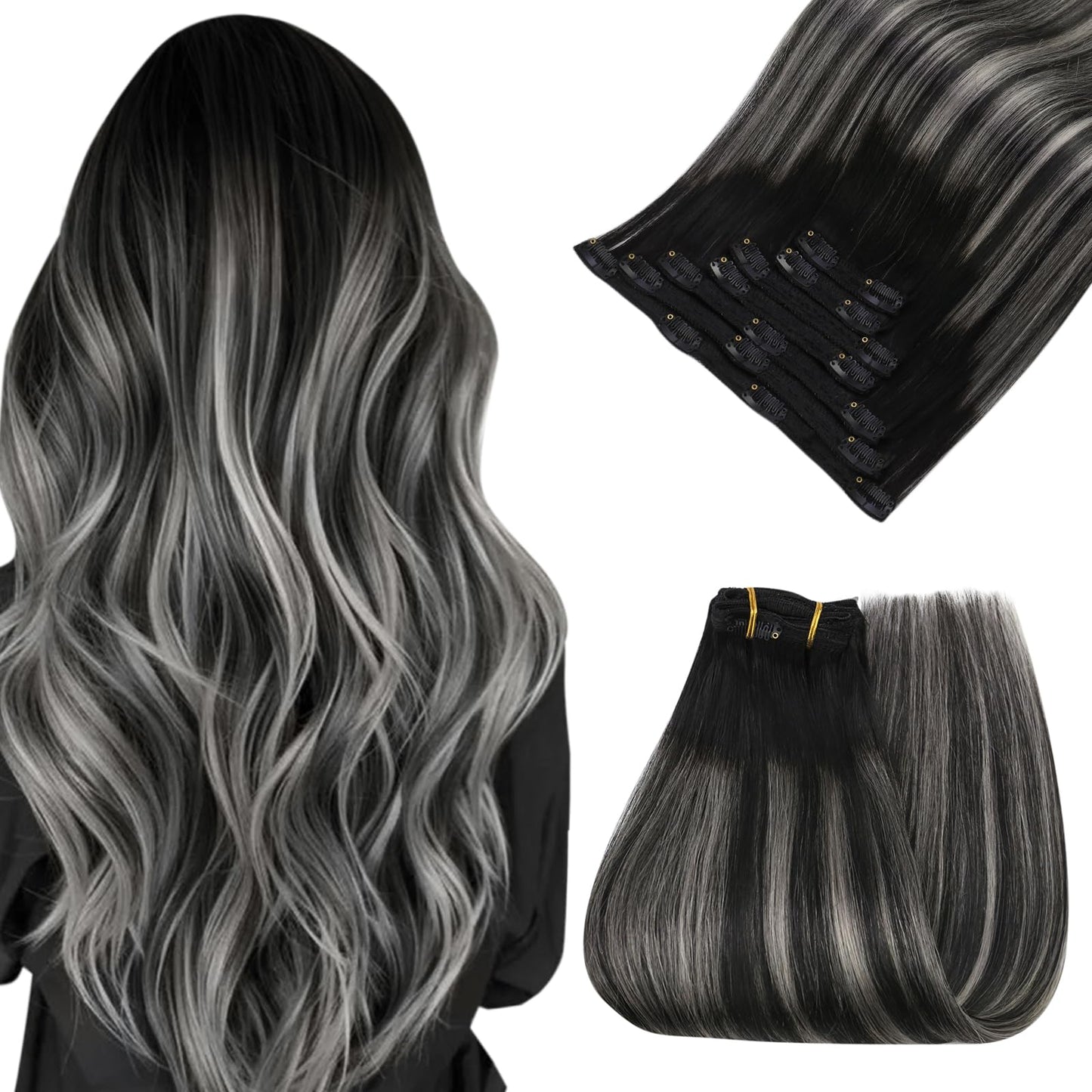 Easyouth Clip In Hair Extensions Real Human Hair Ombre Hair Extensions Clip Ins Real Human Hair Blend Of Black And Silver With B