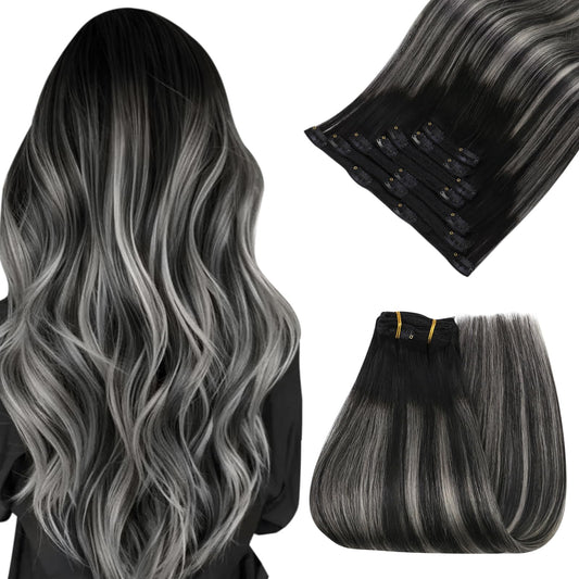 Easyouth Clip In Hair Extensions Real Human Hair Ombre Hair Extensions Clip Ins Real Human Hair Blend Of Black And Silver With B