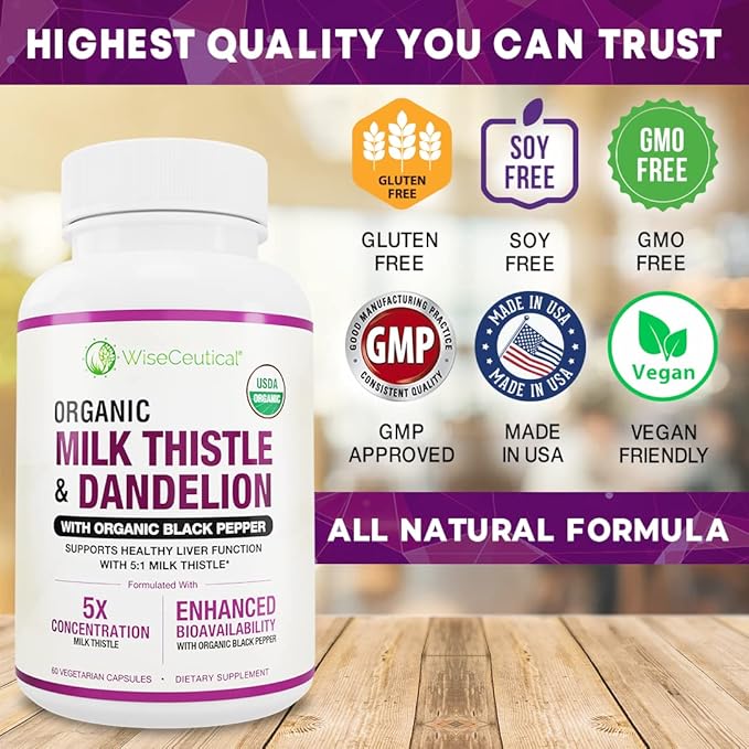 Max Absorption USDA Organic Milk Thistle Potent 5:1 Concentrated Extract (2000mg Strength) & Organic Dandelion Root | Silymarin Antioxidant Flavonoid | Liver Support Supplement (60 Count (Pack of 3))