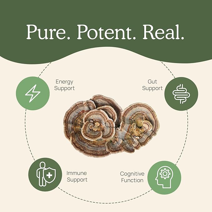 Real Mushrooms Turkey Tail Capsules - Organic Mushroom Supplement with Potent Extract for Gut, Energy, Brain, Immune Support Vegan Extract, Non-GMO, 90 Caps