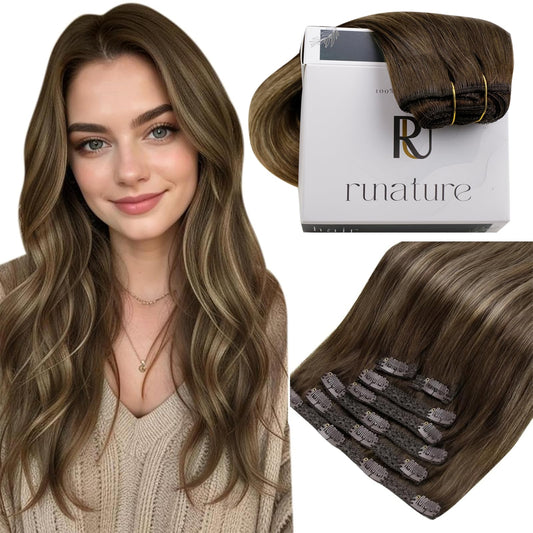 Runature Human Hair Clip In Extensions Balayage Clip In Hair Extensions Human Hair Full Head Remy Hair Thick Ends Easy To Apply