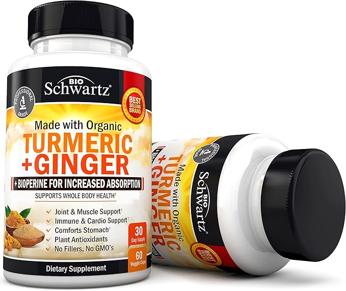 Organic Turmeric Curcumin and Ginger Supplement (1 Month Supply) Plus 65 Billion CFU Daily Probiotic Supplement (1 Month Supply)