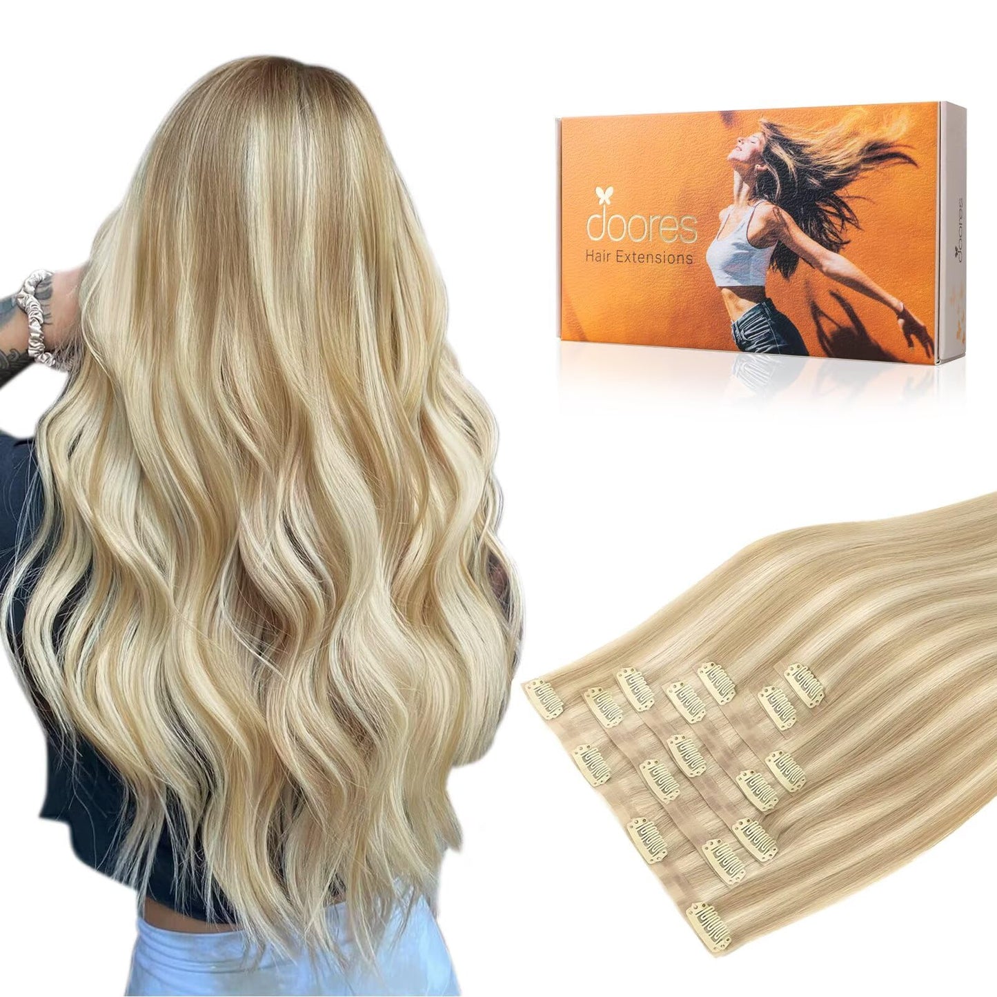 Doores Seamless Clip In Hair Extensions, Dark Blonde Highlighted Bleach Blonde 110G 20 Inch 7Pcs, Straight Remy Hair Extensions