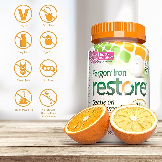 Fergon Iron Restore Chewable Tablets - Gentle on Stomach, Non-Constipating - 27mg Iron for Energy Support – 60 Tablets