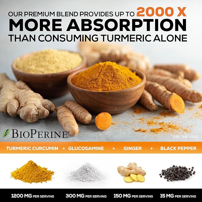 Turmeric Curcumin Supplement 2000mg with Glucosamine Chondroitin & Ginger, 95% Curcuminoids, BioPerine Black Pepper for Best Absorption, Nature's Joint Support, Non-GMO, Bottled in USA - 120 Capsules