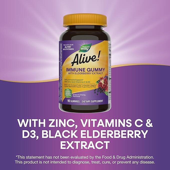 Nature's Way Alive! Immune Support* Gummies with Elderberry Extract, Vitamins C & D3, Zinc, No Gluten, Grape & Cherry Flavored, 90 Vegetarian Gummies (Packaging May Vary)