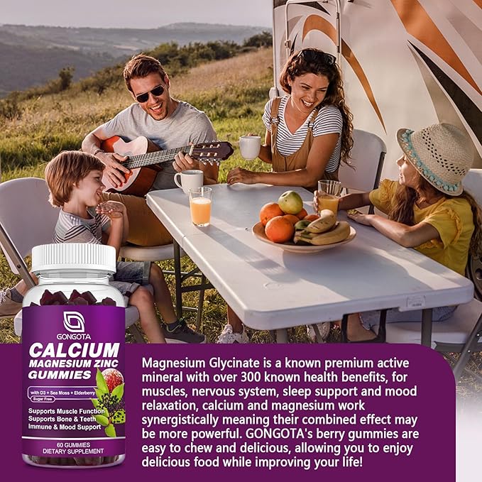 Calcium Magnesium Zinc with Vitamin D3 Supplement, Highly Absorbent Calcium Gummies with 300mg Magnesium glycinate Support Bone & Teeth, Muscle for Adults and Teens,Sugar Free, Vegan (2 Pack)
