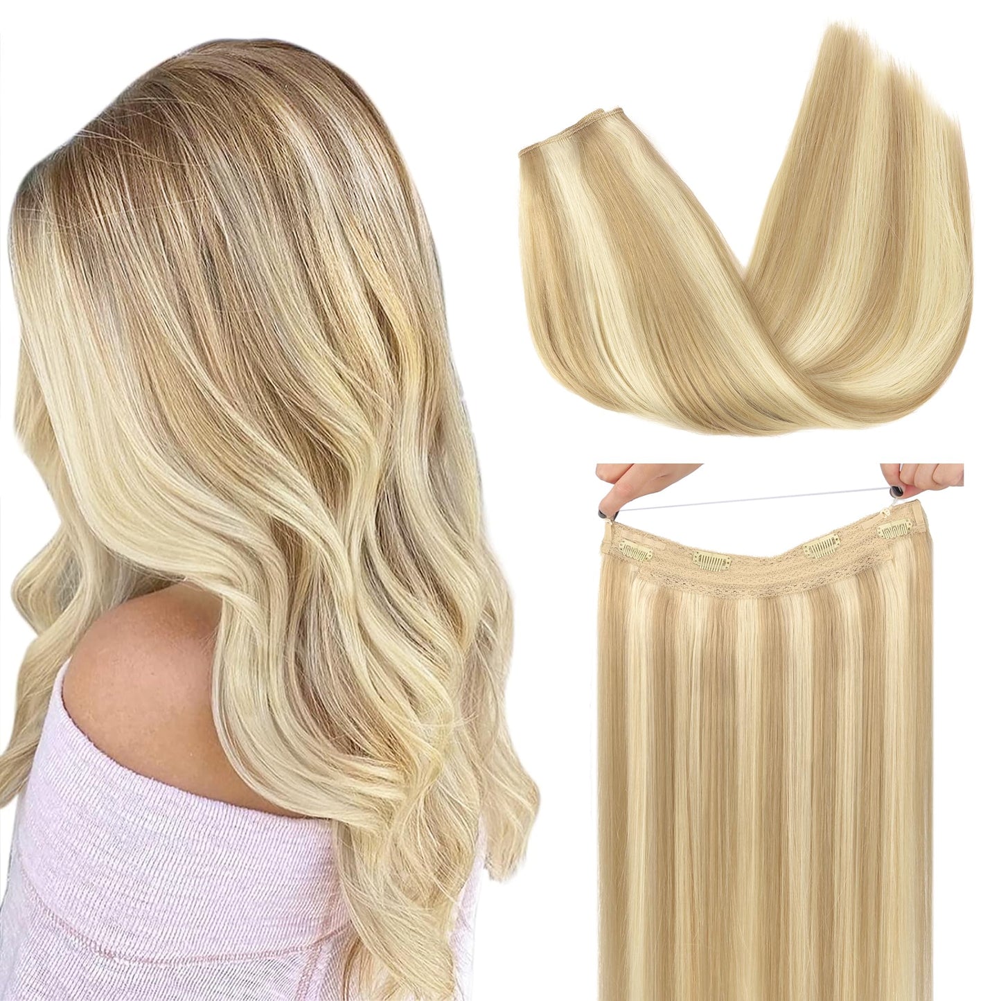 Goo Goo Wire Hair Extensions Human Hair, 18A/613A Dark Blonde Mix Bleach Blonde Highlighted 16Inch 95G, Invisible Wire Hair Exte