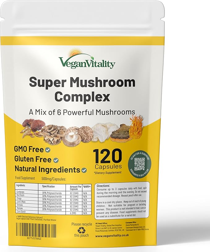 Vegan Vitality Multi Mushroom Supplement Complex - 120 Capsules with Reishi, Chaga, Shitake, Maitake, Lion's Mane and Cordyceps for Brain, Energy, Focus & Memory Support
